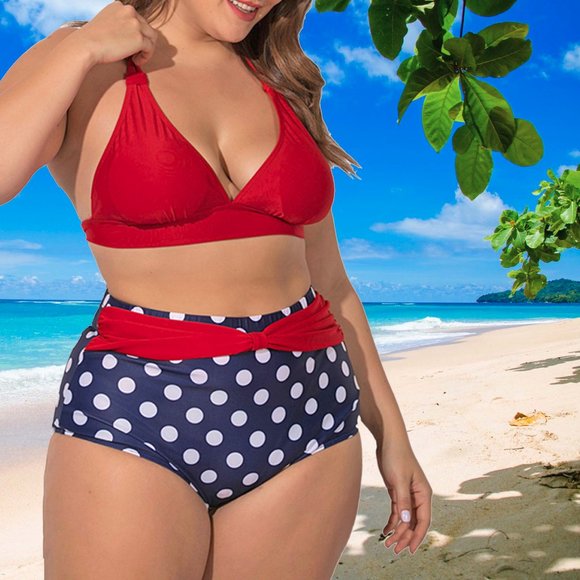 Plus Polka Dot Bikini Set Womens Size 18  High-Waist Swimsuit Swimwear - Picture 1 of 8